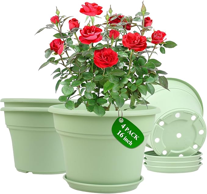 16 inch Plastic-Flower-Pot-for-Indoor-Plants, 4 Pack Large Outdoor Planter Pot with Drainage Holes & Saucers, Resin Decorative Garden Pots Planters Pottiffe