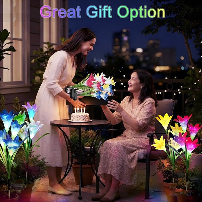 echosari 4 Pack Color Changing Solar Lights Outdoor Waterproof, Solar Lily Flower Stake Lights Auto ON/Off Solar Garden Lights for Lawn Pathway Landscape Garden Gifts for Mom Women Grandma echosari