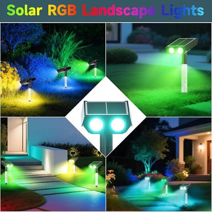 RGB Solar Spot Lights : 2 IN 1 Solar Lights Outdoor with 8 Lighting Modes & PC Light Guide Column for Tree Garden Yard Pathway | RGB Color Changing Landscape Lights | IP65 Waterproof | 12 Pack Rootora