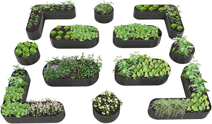 A ANLEOLIFE 12-Pack Galvanized Raised Garden Beds Outdoor, 18" Deep Modular Metal Planter Box Kit, Whole Backyard Farm Garden System with Oval Heart & Round Beds for Vegetable & Flowers, Quartz Grey AAnleolife