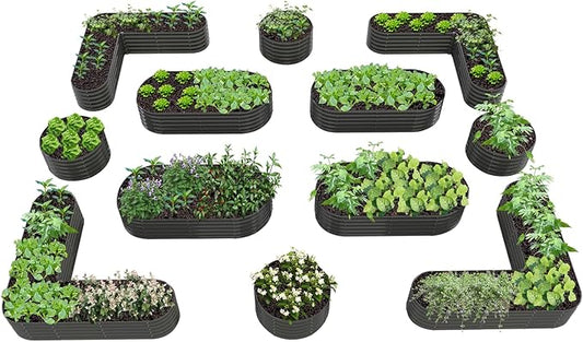 A ANLEOLIFE 12-Pack Galvanized Raised Garden Beds Outdoor, 18" Deep Modular Metal Planter Box Kit, Whole Backyard Farm Garden System with Oval Heart & Round Beds for Vegetable & Flowers, Quartz Grey AAnleolife