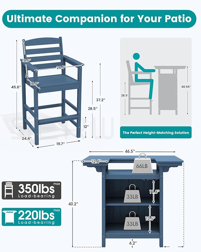 SERWALL Outdoor Bar Table Set (1 Table with 2 Chairs) – HDPE Blue Patio Bar Cabinet with 4-Tier Storage & Spacious Tabletop, Perfect for Outdoor, Poolside, Backyard SERWALL