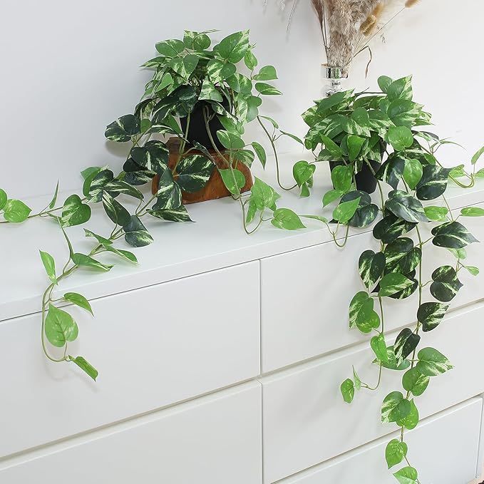 Fake Pothos Hanging Plants - 33" Set of 2 Artificial Silk Ivy Vines with Pots, Realistic Faux Greenery for Indoor Home Office Bathroom Decor, Low Maintenance Hanging Plant Decoration - Golden Green ALYPTUS