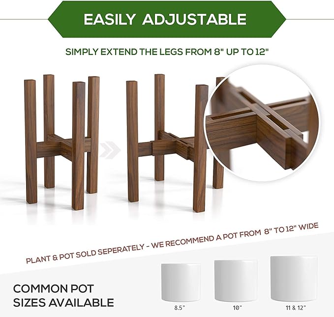 Mid Century Plant Stand - Solid Wood Item Stand Handmade with Acacia - Fits Medium & Large Pots Sizes 8 to 12 inches (Not Included) (Adjustable Width: 8-12 inches, Dark Brown) Sophia+Mills