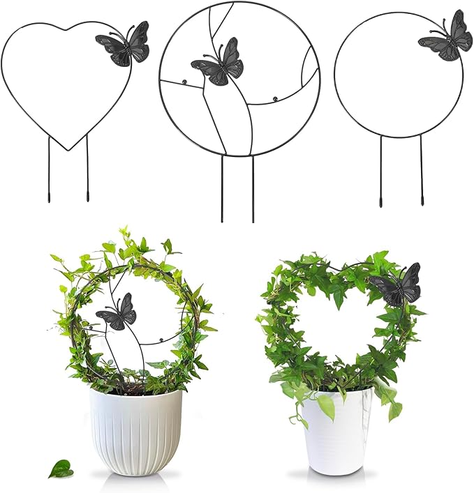 3Pack Trellis for Climbing Plants Indoor, Rust-Proof Trellis for Indoor Potted Plants Round Circle Trellis with Butterfly Houseplant Metal Wire Trellis for Vine Ivy Flower Plant Support DOTFOOT