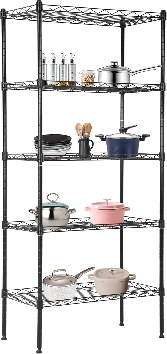 BestOffice | 5-Tier Wire Storage Shelves | 22x12x48 | Black | with Adjustable Racks | Heavy-Duty Metal Shelf, Holds Upto 750 lbs | No-Tool Assembly | Ideal for Home & Garage Shelving BestOffice