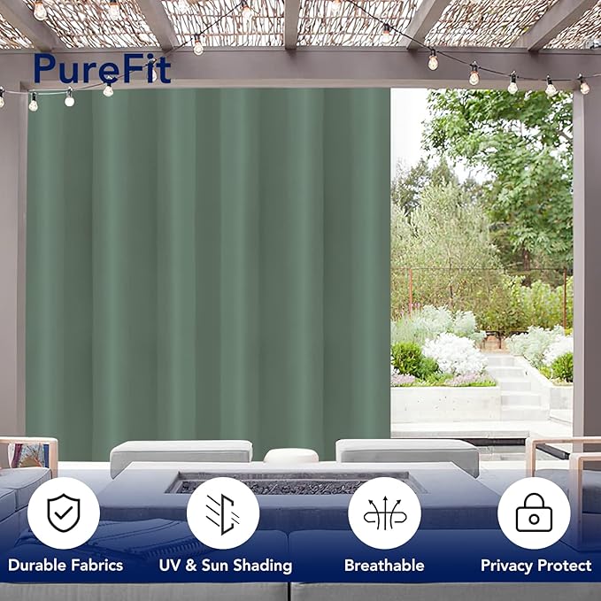 PureFit Outdoor Curtains for Patio Waterproof Weatherproof, UV Resistant Outside Curtains for Gazebo, Front Porch, Pergola, Sun Blocking Privacy Curtain, 100W x 108L inch, 1 Panel, Sage Green PureFit
