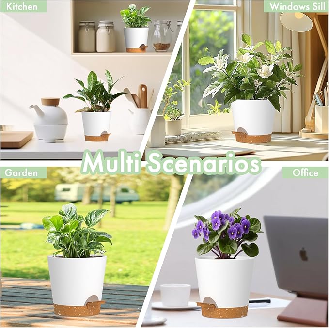 7/6.5/6/5.5/5/4 inch Self Watering Pots for Indoor Outdoor Plants, 6 Pack Plastic Flower Planters with Drainage Holes and Removable Saucers, Plant Pots with Wicking Rope, White Brown WSMKSZ
