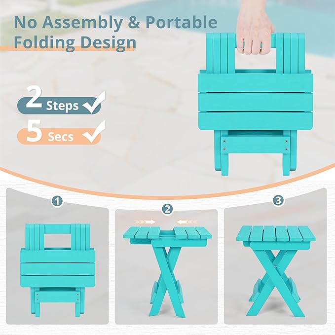 LUE BONA Small Outdoor Folding Side Table, HDPS Outside End Table for Patio, Porch, Deck, Pool, 14 Inch Height, Aruba Blue LUEBONA