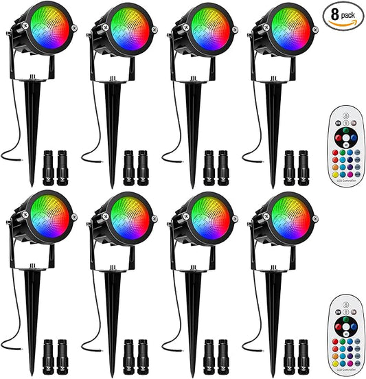 RGBW Low Voltage Landscape Lights, 10W 12/24V Color Changing Landscape Lighting with Remote, IP65 Waterproof Outdoor LED Spotlight for Garden Christmas Halloween, 8 Pack with Connectors REEGOLD
