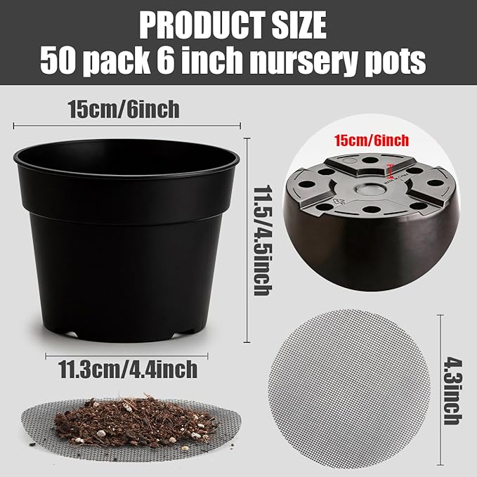 50 Pack 6 Inch Nursery Pots, Plastic Flower Pots, Thick Plant Pots with Drainage Hole for Planting Outdoor/Indoor Plants Succulent Herb (Black) RooTrimmer