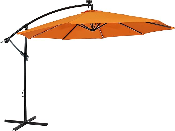 Sunnydaze 10' Solar Offset Patio Umbrella - Solar Cantilever Umbrella Outdoor with LED Lights - Polyester Shade, Air Vent, & Cross Base SunnydazeDecor