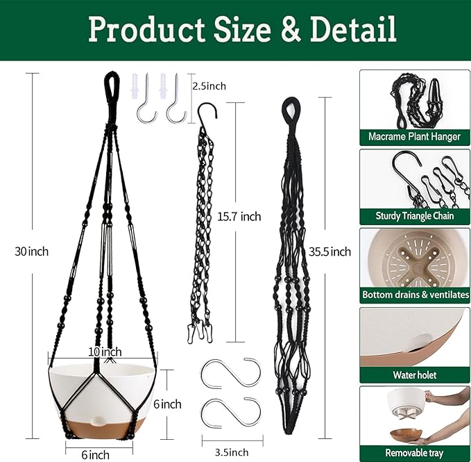 Hanging Planter Self Watering 10 Inch, 2 Pack Indoor Outdoor Hanging Baskets, Hanging Flower Pots with Drainage Hole & 2 Kinds of Plant Hangers for Garden Home Decor(Black Hanger Koalaime