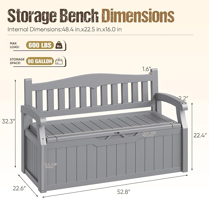 80-Gallon Outdoor Storage Bench, Waterproof Deck Box with Lockable Lid & Armrests for Patio, Garden, Pool, Gray Acurax