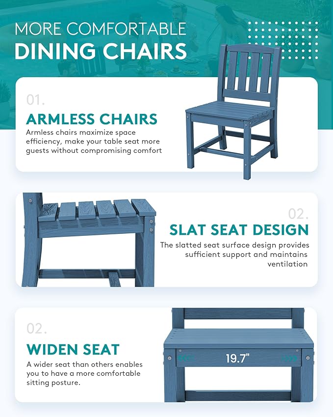 SERWALL 9-Piece Outdoor Dining Set, 60" - 83" Expandable Outdoor Dining Table and 8 HDPE Chairs, All Weather HDPE Outdoor Furniture Set for Backyard, Garden, Blue SERWALL