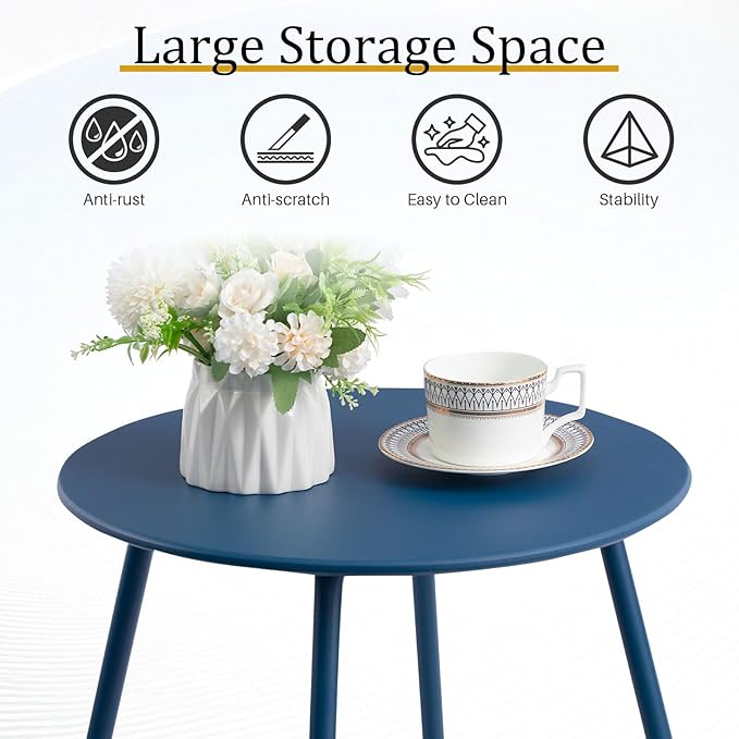 HollyHOME Round Metal Side Table, Rust-Resistant Patio Small Plant Stand, Outdoor 17.32'' Portable End Table for Balconies, Gardens, Living Rooms and Bedrooms, Navy Blue HollyHOME