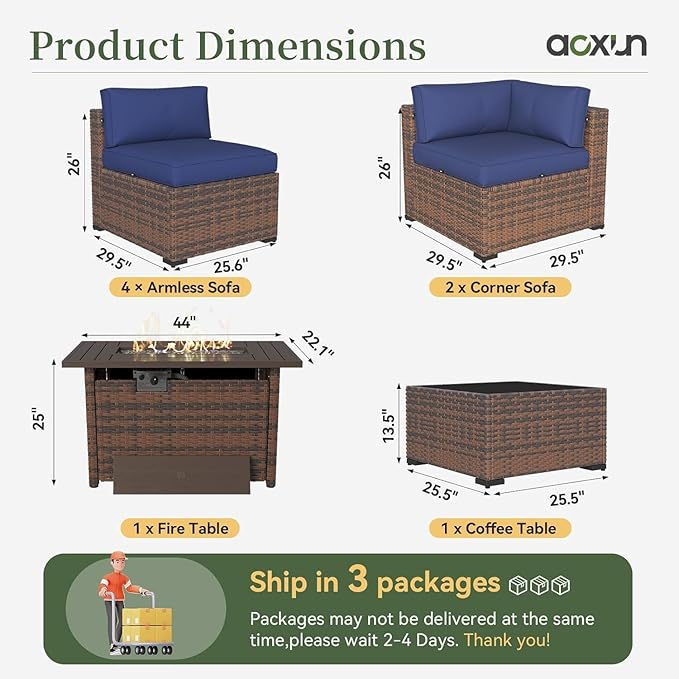 Aoxun 8-Piece Outdoor Patio Furniture Set - 44” Fire Pit Table, Durable Wicker Rattan Sectional Sofa with Coffee Table, Comfy Thickened Cushions, Blue (Waterproof Cover Included) Aoxun