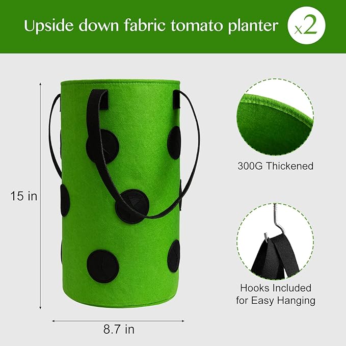 2 Pack Green Upside Down Tomato & Herb Planter, Outdoor Hanging Durable Aeration Fabric Strawberry Planter Bags Homyhoo