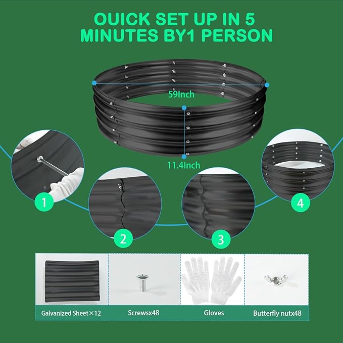 Durable Round Galvanized Steel Raised Garden Bed for Planting,Round Galvanized Steel Fire Ring/Fir Pit for Outdoor- 5×5×1FT,0.8MM Thick(Black, 60 ins Diameter x 12 ins high) zbzbml
