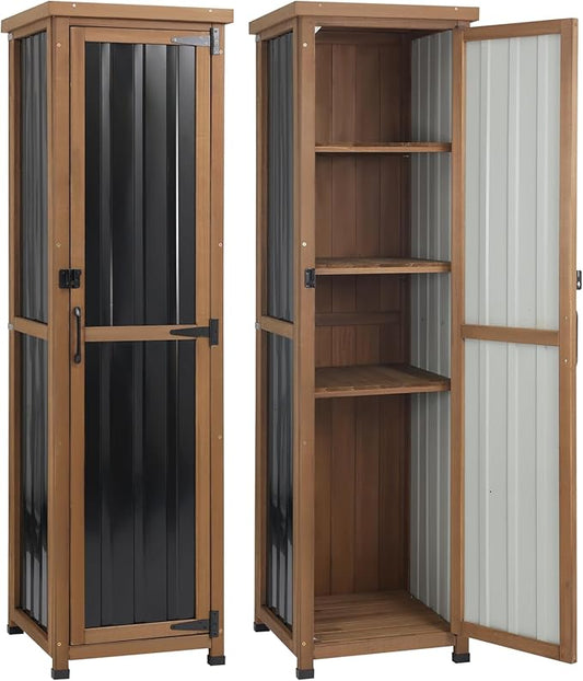 62" H Tall Narrow Outdoor Storage Cabinet with Metal Top, Outdoor Shed Storage Unit Waterproof with Adjustable Shelves for Garden, Patio, Living Room, or Entryway Storage, Black PETSCOSSET