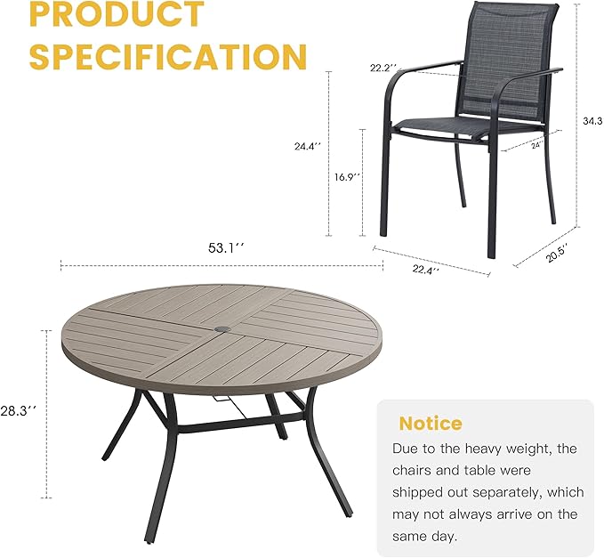 VICLLAX Patio Table and Chair Set of 8, All Weather Metal Round Outdoor Dining Furniture Set-53 Round Outdoor Table and Chairs, Grey Wood Grain Tabletop HOME
