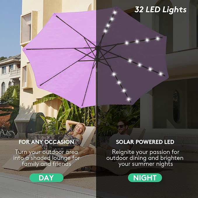 JEAREY 9FT Outdoor Patio Umbrella with Solar Lights, LED Lighted Pool Umbrella with Tilt and Crank, Outdoor Table Umbrellas for Deck, Yard & Market (Taro Purple) JEAREYOutdoorsCollection