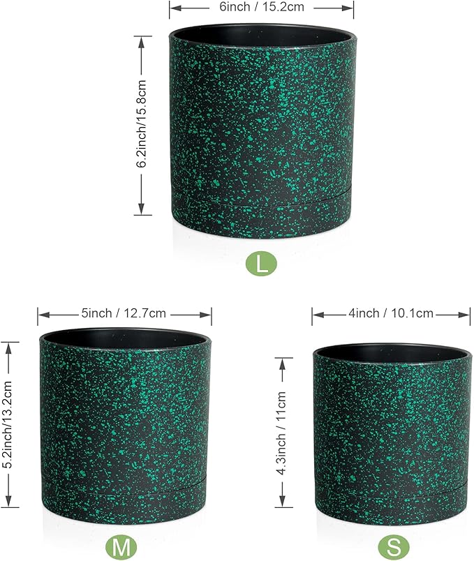 6/5/4 inch Plant Pots, 3 Pack Cylinder Flower Pots for Small Indoor Outdoor Plants, Plastic Planters with Drainage Holes and Saucers for Garden Succulent Plants, Black with Green Speckles Meowell