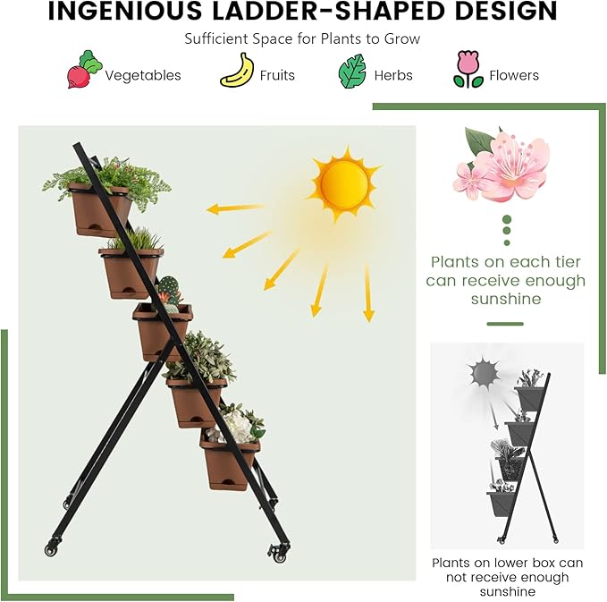 Giantex 2 Pcs Vertical Planter Raised Bed on Wheels, Elevated Garden Beds with Water Drainage Hole, Freestanding 5 Container Boxes for Herb Vegetables Flowers Growing, Outdoor Indoor Patio Balcony Giantex