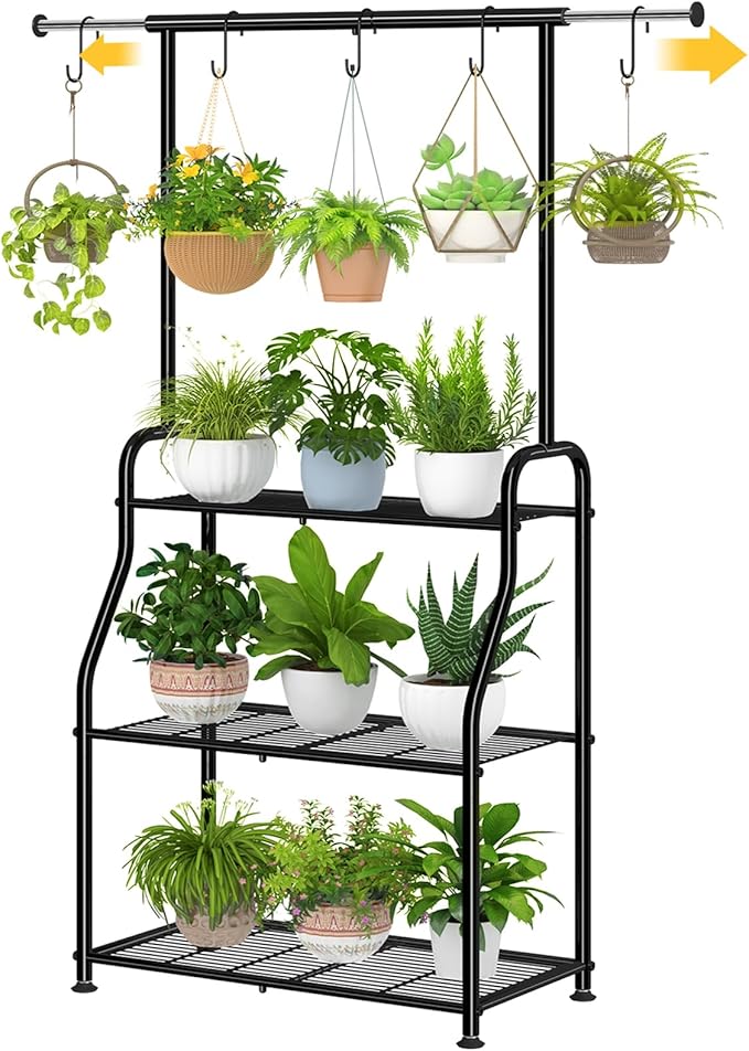 Simple Trending Plant Stand Indoor Outdoor, Heavy Duty Metal 3 Tiered Hanging Plant Shelf for Multiple Flower Planter Holder Tall Large Rack for Living Room Garden Balcony, Black SimpleTrending