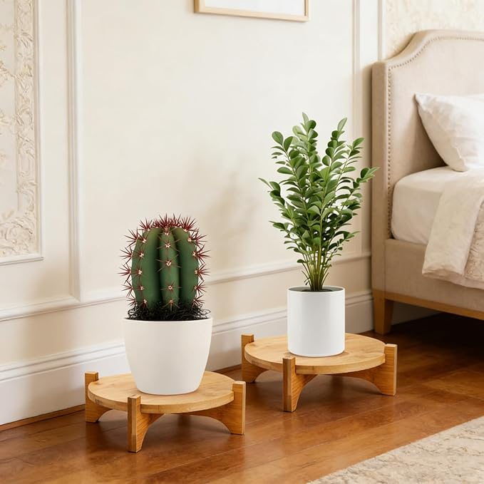 2 Pack Bamboo Plant Stand, Mid Century Modern Planter Stand, Detachable Flower Pot Holder, Sturdy Potted Plant Rack for Indoor Outdoor Garden Home, Fits Up to 8 Inch Planter (Pot Not Included) Pumtus