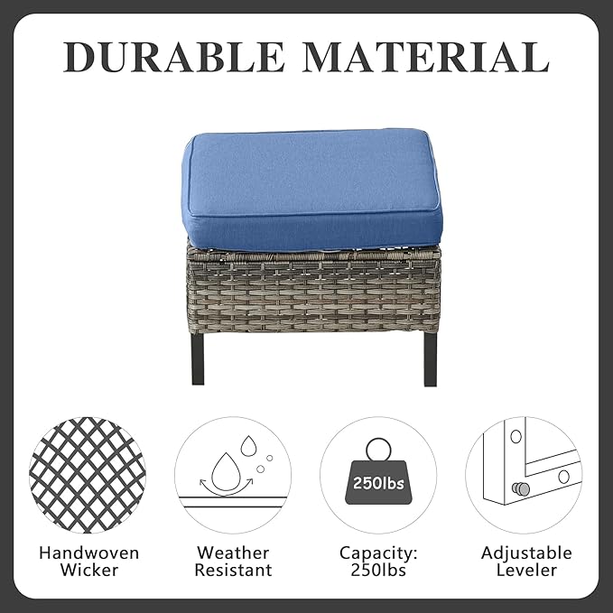 Belord 7 Piece Outdoor Furniture Patio Wicker Sofa Set, Oversize Outdoor Dining Chairs with Rattan Ottomans, Conversation Sets Patio Furniture Come with Removable Washable Cushion Blue Belord