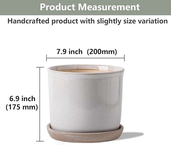 8 Inch Plant Pot: Ceramic Planter with Drainage Hole & Saucer for Indoor Outdoor Plants - Flowerpot with Bonded Tray for Home Office - Retro Style, Grey Chubacoo