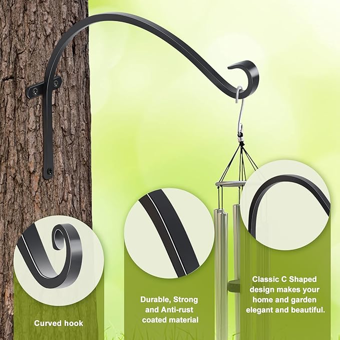 FEED GARDEN 18 Inch 2 Pack Outdoor Hanging Plant Bracket for Bird Feeders, Wind Chimes, Lanterns, Heavy Duty Metal Iron Wall Hooks with 6 Screws FEEDGARDEN