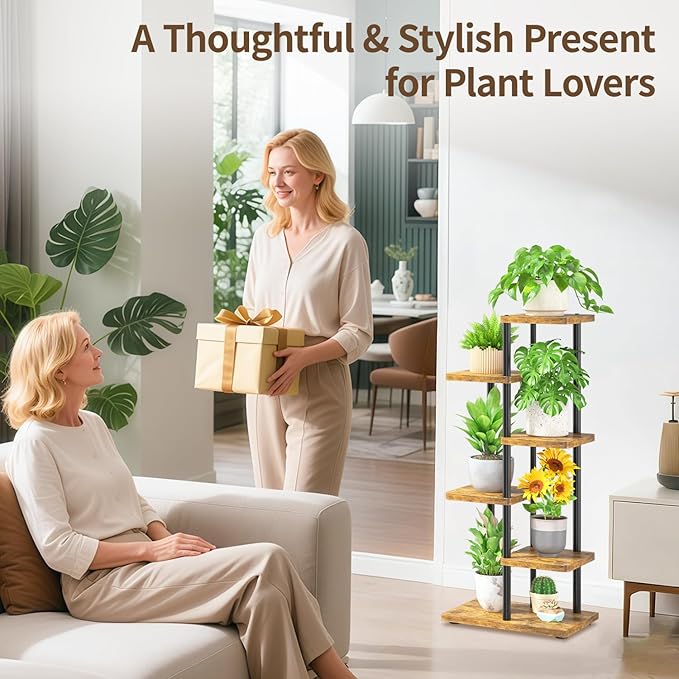 LASZOLA Black 5 Tiered Wood Plant Stand Indoor for Larger Heavy Duty Planter, Sturdy Multi Level Vertical Flowers Racks for Narrow Inside Floor, Decorate Shelving for Hold House Tree, Space Saving LASZOLA