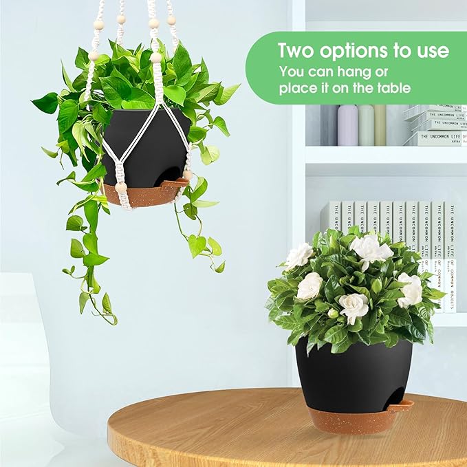 Hanging Planters for Indoor Outdoor Plants, 2 Pack Self Watering Hanging Pot with Drainage Holes, Removable Tray & 2 Kinds of Plant Hangers, 8'' Hanging Flower Pots for Home Garden Decor, Black Vanslogreen