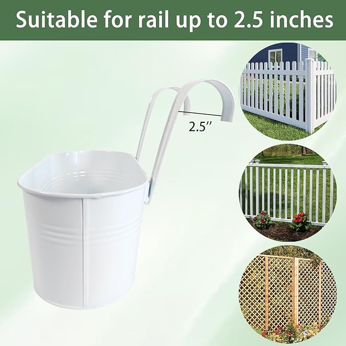 10" Hanging Flower Pots, Pack of 2 White Metal Outdoor Patio Balcony Planter, Railing Planters Fence Pot with Detachable Hook & Drainage Hole for Small Plants (White, 2Pcs) JOYFERNAL
