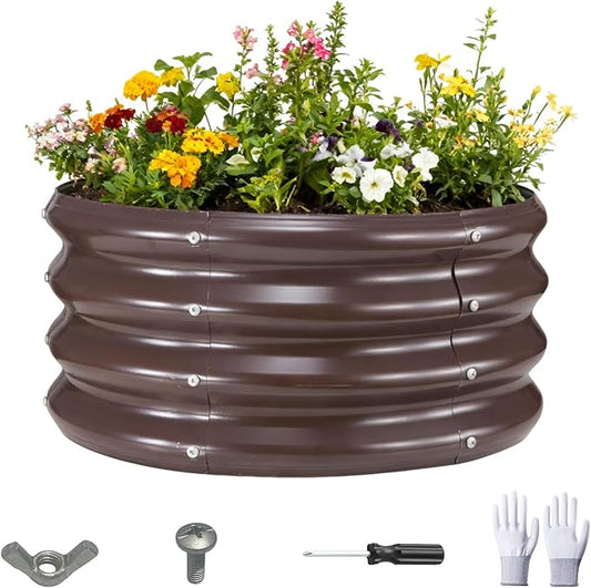 GOOZOO Galvanized Planter Raised Garden Beds, 2x2x1ft Raised Garden Bed Kit for Gardening Outdoor, Round Metal Land Planter Box for Vegetables, Fruits, Flowers（Brown） GOOZOO