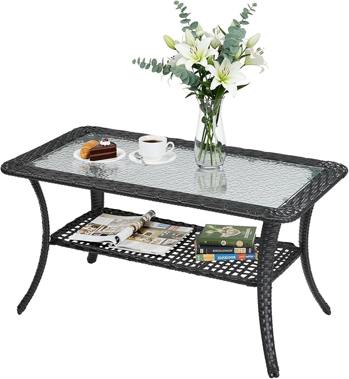 VINGLI Outdoor Coffee Table with Storage Wicker Patio Coffee Table, Tempered Glass Top Coffee Table for Patio Outside Balcony Porch Deck (Black) VINGLI