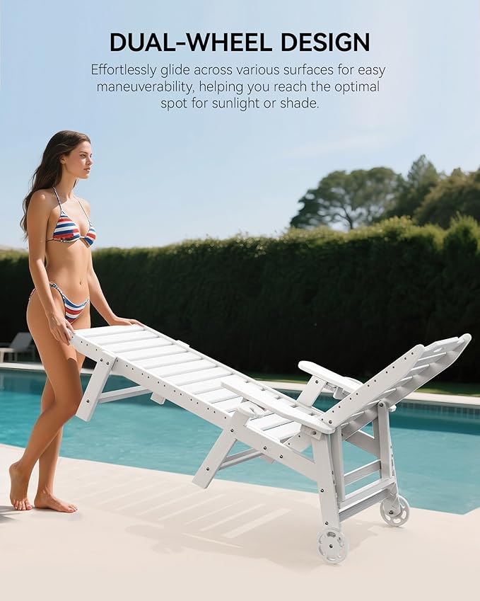 Carauci Lounge Chair Outdoor Set of 2, HDPE Chaise Lounge with Wheels, 5-Position Adjustable Backrest & 2 Cup Holders Patio Lounge Chair, All-Weather Pool Sun Lounger for Poolside, Backyard, White Carauci