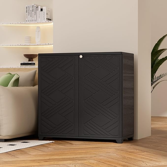 ADDOK Indoor Outdoor Plastic Storage Cabinet 34"x15"x34", Outdoor Storage Shed for Living Room, Hallway, Balcony, Garage, Garden, Backyard-Black（W/O Shelf） ADDOK