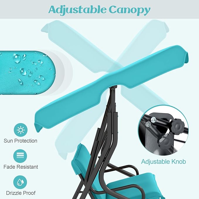 Tangkula 3 Person Porch Swing, Patio with Removable Cushion & Powder-Coated Steel Frame, Outdoor Swing with Canopy for Porch, Backyard, Garden, Balcony (Turquoise) TANGKULA