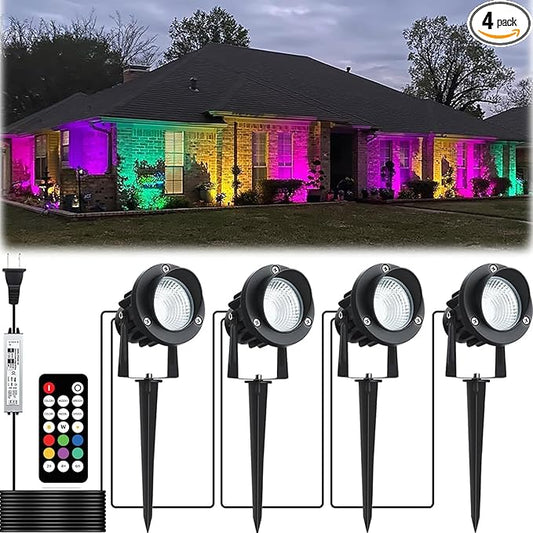 20W Outdoor RGB LED Spotlights 4 Pack, 120V 1000lm with Remote & Transformer, 12 Colors 19 Modes, IP65 Waterproof 46.5ft Cord, Landscape Lights for Yard Garden Christmas Halloween Fulanzaren