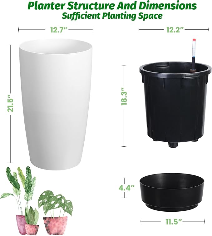 GarveeLife Set of 2 Tall Planters for Outdoor Plants, 22 in Large Planters for Outdoor Indoor Plants with Water Level Monitor ＆ Inner Bucket, Automatic Watering, for Porch, Patio, Backyard, White GarveeLife