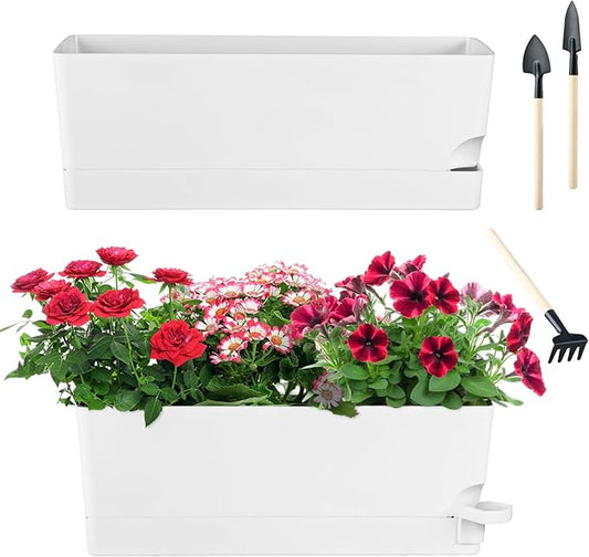 2 Pack Self Watering Pots for Indoor Plants 17 Inches Window Boxes Planters Rectangular Flower Pots Rectangle Herb Pots Large Plant Pots with Drainage Holes and Saucers Windowsill Planter, White KvyusFlourish