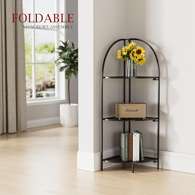 Crofy Foldable 3 Tier Corner Shelf, Metal Corner Plant Stand with Black Frame and Black Shelves, Corner Display Rack Multipurpose Shelving Unit for Living Room, Bedroom, Bathroom CrofyLLC