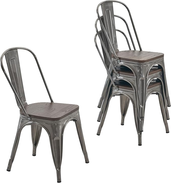 Nazhura Metal Dining Chair Farmhouse Tolix Style for Kitchen Dining Room Patio, 18 Inch, Stackable, Waterproof Indoor/Outdoor (Sets of 4) (Brushed Metal with Wood Padding) NazhuraGoodCompanionAtHome