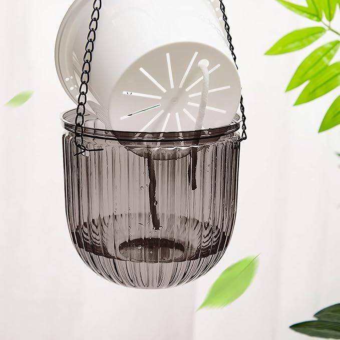 Meanplan 4 Pcs Self Watering Hanging Planter Indoor 6.5 Inch Hanging Baskets for Plants Outdoor Plastic Flower Pot with 3 Hooks Chains Drainage Holes for Garden Home, Medium Size(Gray) Meanplan