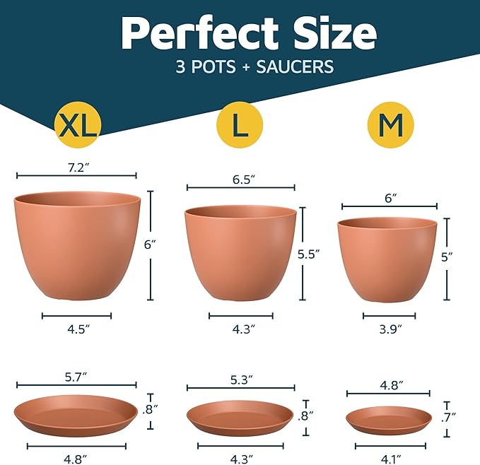 Terracotta Plant Pots with Drainage Holes & Saucers 3 Pack, Indoor & Outdoor Stackable Space-Saving Planters for Houseplants & Flowers, (7", 6.7", and 6" Inches), Durable & Weatherproof Materials LIFEMASTER