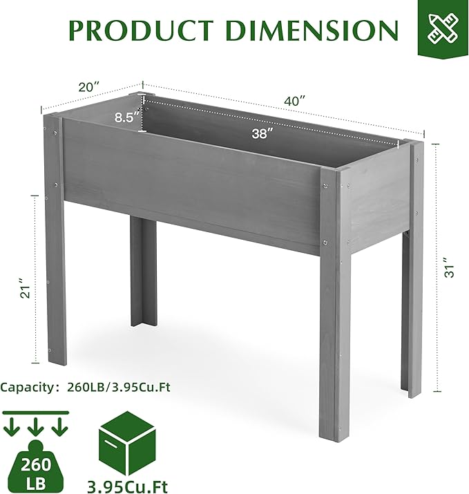 SoliWood Set of 2 Raised Garden Bed with Legs, 40x20x31'', Outdoor Wood Elevated Planter Box, Thick Legs, w/Liner OutdoorFurniture