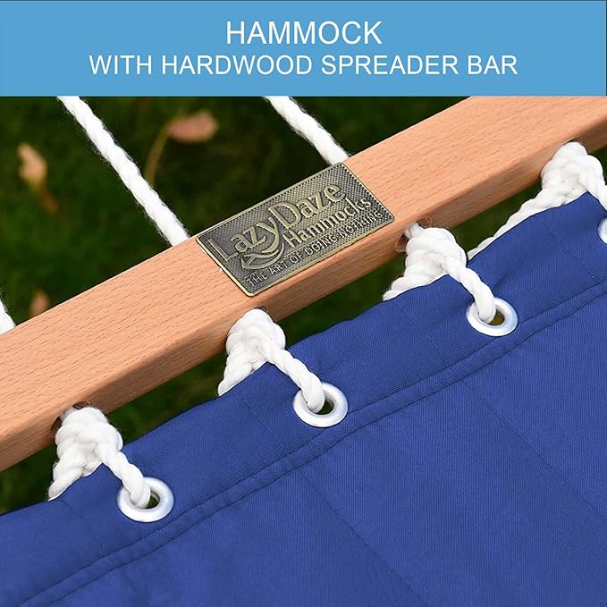 Lazy Daze Hammocks 12 FT Double Quilted Fabric Hammock with Spreader Bar and Detachable Pillow, 450lbs Weight Capacity, Navy Blue LazyDazeHammocks